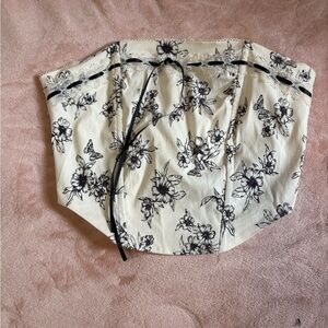 Floral Lace-Up Strapless Crop Top - Ivory/Black